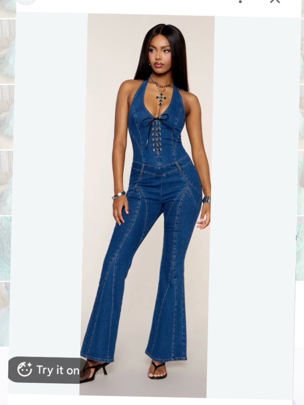 New Windsor Large Fit Check Denim Halter Lace-Up Flare Jumpsuit